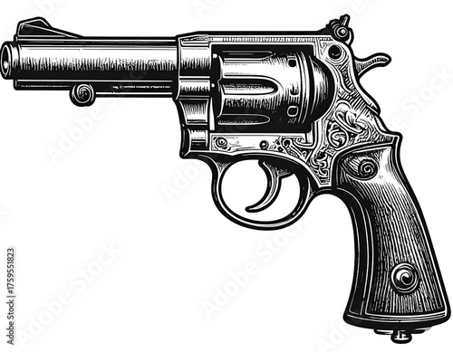 A black and white vector illustration of a vintage revolver with a long barrel and cu