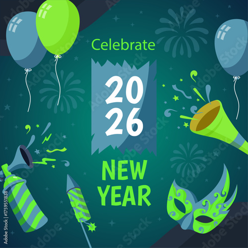 Happy New Year 2026 Celebration with Balloons, Fireworks and Party Horns