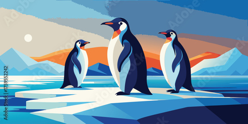 Three penguins walking on an ice floe in flat vector illustration art