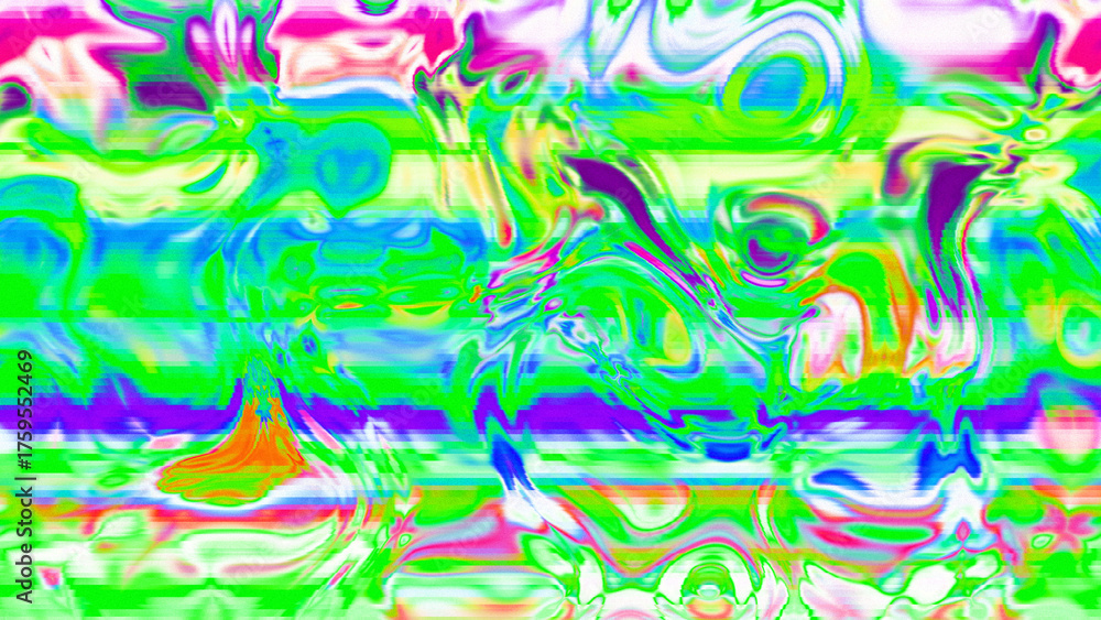 Fototapeta premium Abstract psychedelic glitch waves with neon colors, distorted digital fluid texture and VHS scanline effect