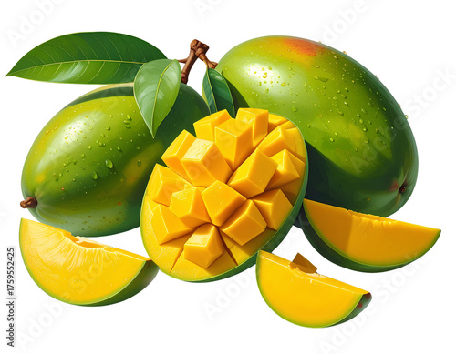 A close up of green mangoes with one cut into cubes and slices on a white surface background 