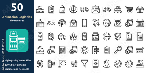 Animation Logistics icon set in Outline style. Minimilist and trendy Icon set. Containing Icons,Boxes,Checklist,Shopping bag,Worldwide,Truck,and so on.