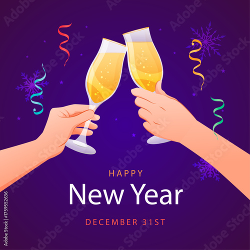 Happy New Year Celebration with Champagne Toast and Confetti on Purple Background