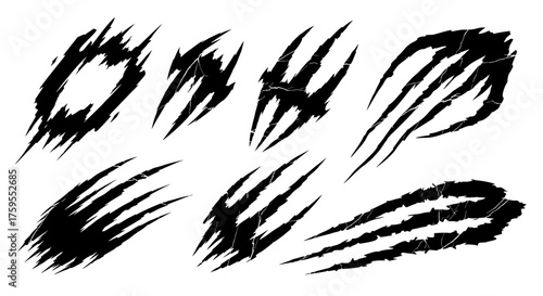 Collection of black grunge claw scratches with a cracked texture. Vector icons of a monster attack, creating a sharp, torn, and damaged effect.