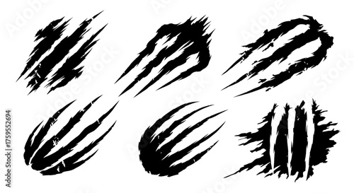 Collection of black grunge claw scratches with a distressed texture. Vector icons of a wild animal or monster attack creating a torn and damaged effect.