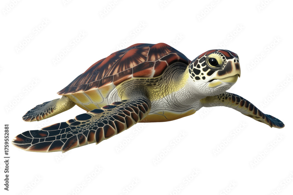 Fototapeta premium A 3D rendered image of a Hawksbill sea turtle swimming, showcasing its detailed shell and flippers. background removed