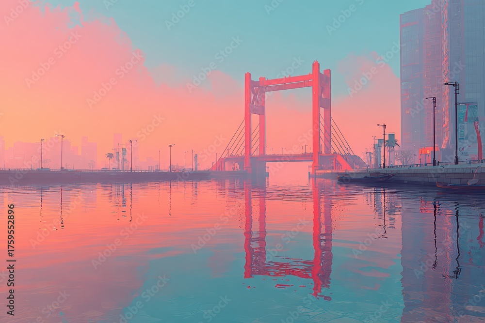 Naklejka premium Stylized urban sunset with a striking red bridge reflected in vibrant water.