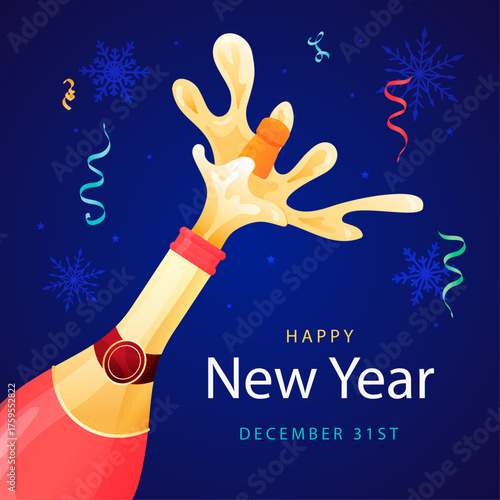 Happy New Year Celebration With Champagne Bottle Popping And Confetti Falling On Blue Background