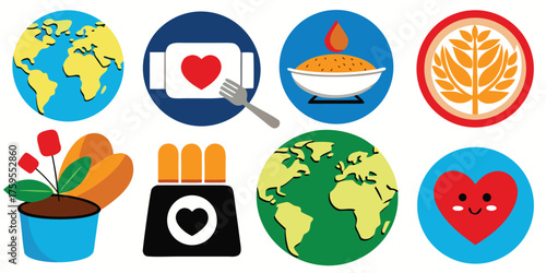 Flat design vector set of world food day ornament and sign including earth, food in a bow, and other