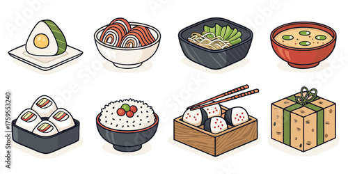 Delicious Japanese sushi set meal with fresh raw salmon fish, maki roll, and rice on a white plate