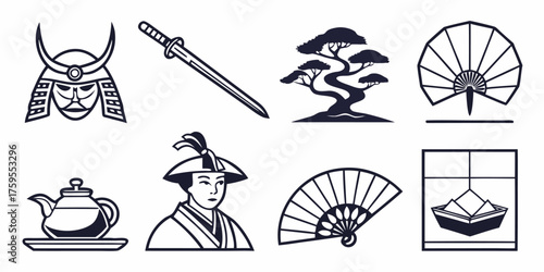 Black and white vector cartoon illustration set of Japanese culture and icons of Japan