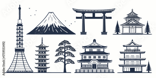 Traditional Asian Pagoda and Temple Architecture detail Vector Illustration in blue, best for sticker and Asian design