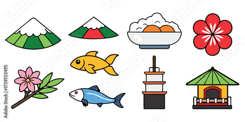 Cartoon vector icons of Japanese seasonal symbols in colorful and simple art style, best for stickers and design