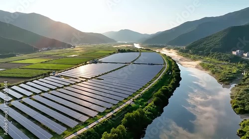 Expansive Solar Farm Captures Renewable Energy Amidst Scenic Natural Landscape.