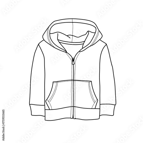 A simple black and white line art illustration of a childs hooded sweatshirt featuring a front zipper closure and two kangaroo-style pockets, perfect for design templates.
