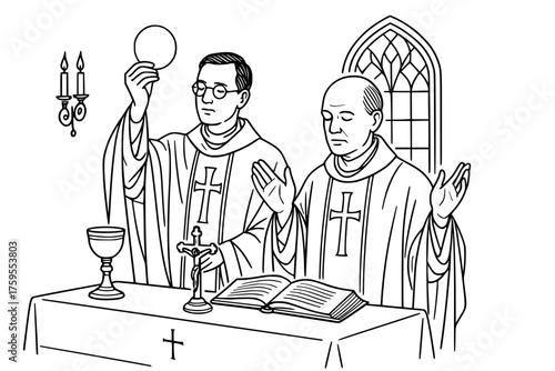 Two priests celebrating catholic mass at the church