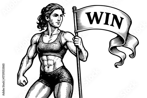 Strong muscular woman with the WIN flag