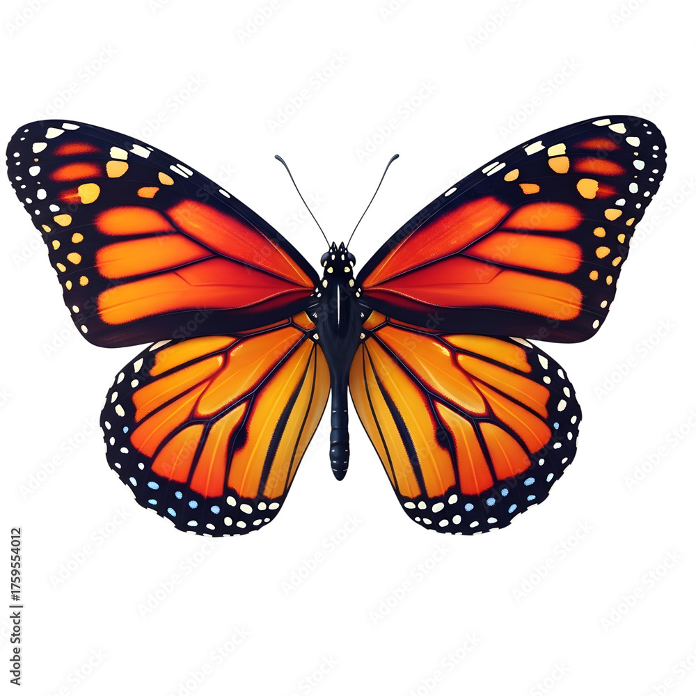 Fototapeta premium A beautiful monarch butterfly with vibrant orange and black wings, isolated on a transparent background, showcasing intricate patterns and delicate antennae