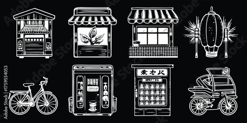 Various illustration of old Asian-inspired stores, vending machine, and vehicle