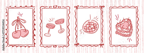 Hand drawn bachelorette whimsical coquette frame. Heart cake and bow ribbon cherry, disco ball or martini glass for wedding, birthday party and Valentines day poster. Trendy doodle vector illustration