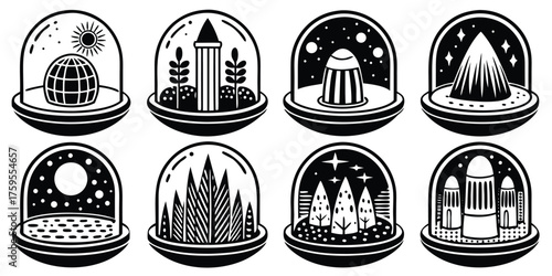 Tiny landscape miniatur in jars in elegant black and white vector illustration