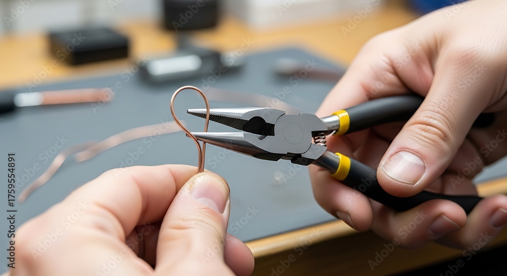 Fototapeta premium Crafting intricate wire creations, jeweller shaping copper with precision tool