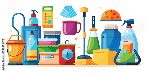 Vector art of cleaning supplies and equipment illustration