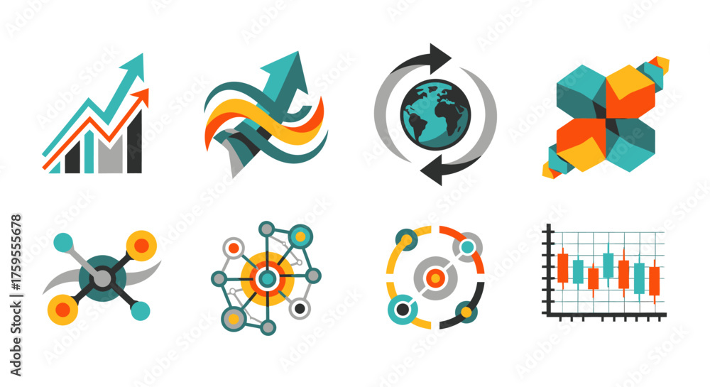 Fototapeta premium Dynamic business growth icons showcase upward trends, global connectivity, data analytics, network structures, and financial market performance for modern strategy planning.
