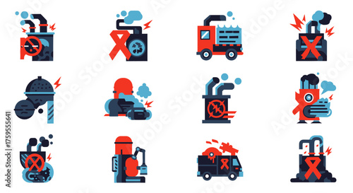 Promote eco awareness with these vibrant illustrations of pollution control equipment and eco damage, perfect for environmental campaigns and social media