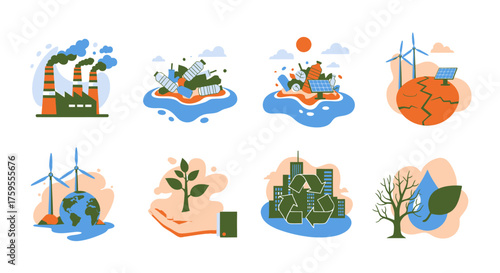 Illustrating environmental challenges and sustainable solutions, from pollution and drought to renewable energy and urban ecology for a greener future.