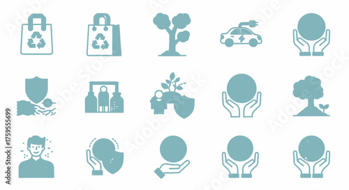 Embrace sustainability with vibrant eco-friendly icons depicting global care, renewable energy, and green initiatives for a healthier planet.