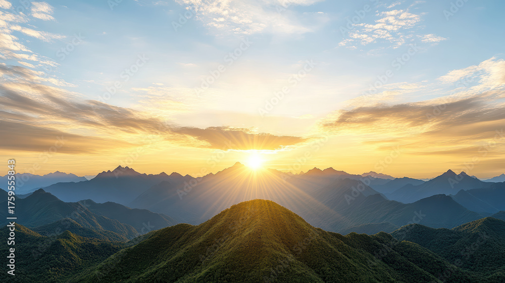 Fototapeta premium Breathtaking mountains under vibrant sunset, showcasing layers of peaks and tranquil skies