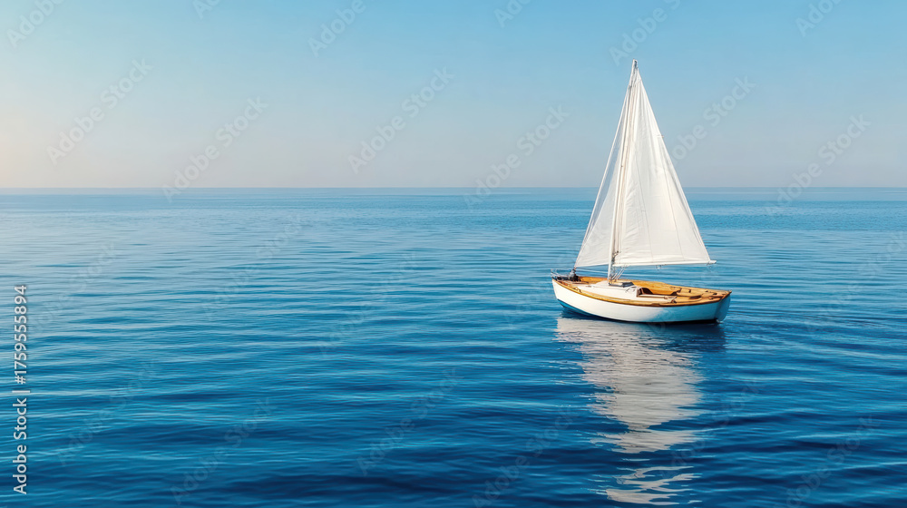 Obraz premium Sailboat on calm blue sea, evoking feelings of freedom and tranquility