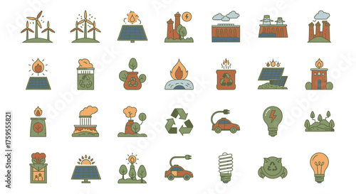 Vibrant collection of renewable energy and eco friendly icons powering a sustainable future for a greener planet and cleaner world