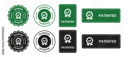  Green patented stamp vector illustration with check mark symbol, approval label, certification badge, trademark protection design, intellectual property rights guarantee, verified seal icon.