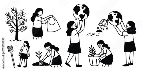 Vector illustration set women take care of earth featuring planting tree, use eco friendly bag, and other