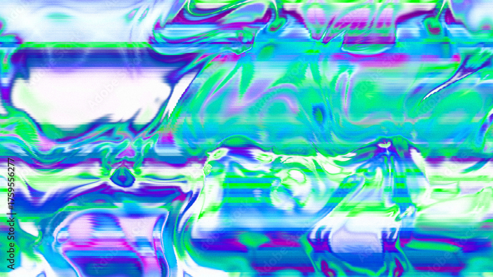Fototapeta premium Abstract psychedelic glitch waves with neon colors, distorted digital fluid texture and VHS scanline effect