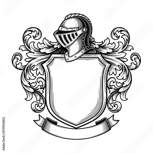 Coat of Arms Crest with Heraldic Knight Helmet & Royal Family Shield