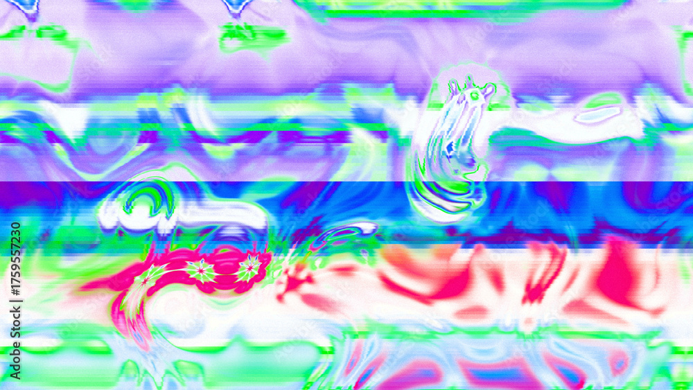 Fototapeta premium Abstract psychedelic glitch waves with neon colors, distorted digital fluid texture and VHS scanline effect