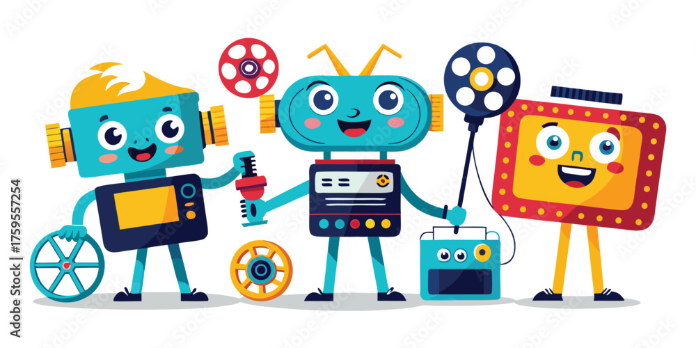 Fototapeta premium Funny retro cartoon robot character toy vector set with a cute tablet and tv tape illustration