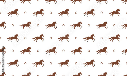 Simple brown horse and horseshoe seamless pattern background. Silhouette Horse. Vector Animal Flat Illustration.