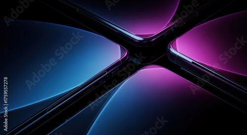 Abstract Geometric Abstraction: A captivating display of abstract geometric shapes and lines, illuminated by vibrant blue and purple hues, forming an intricate intersection.