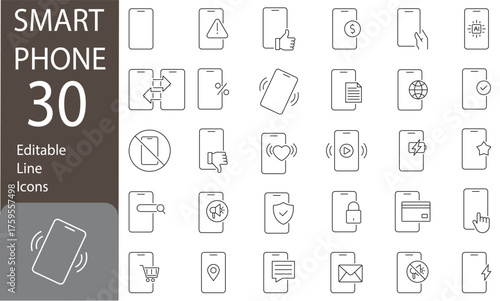 smartphone Editable Line Icons Set. mobile alerts, notifications, tap-to-pay, smartphone wallet,  touch screen tag, mobile network file, Line style icons of mobile technology. vector illustration