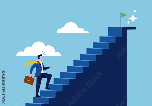 Ambitious businessman with a briefcase climbs a long staircase towards a green flag, a metaphor for career growth, success, and achieving goals