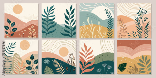 Set of 8 various sceneries with floral elements in pastel tone illustration, best for wallpaper design