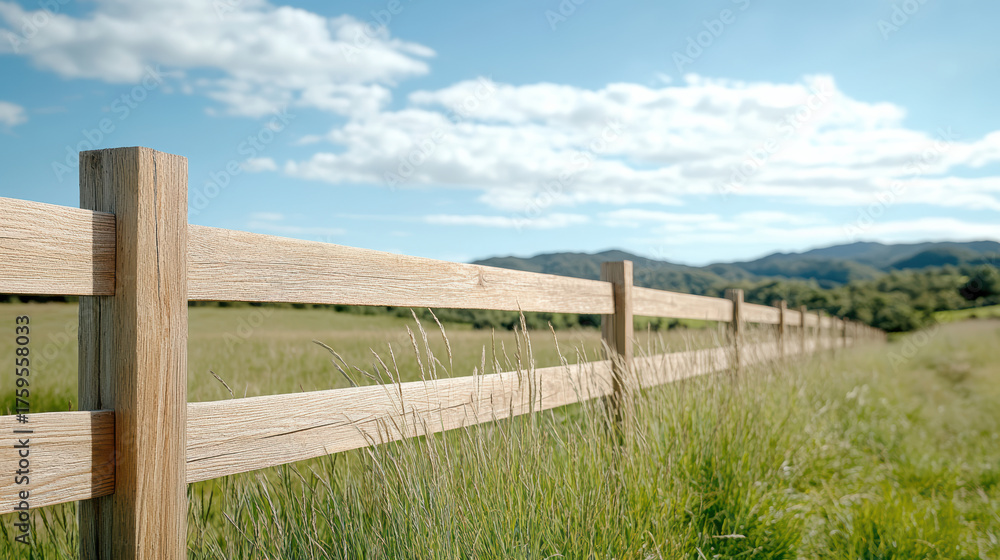 Fototapeta premium Wooden fence line disappearing into distance, surrounded by lush grass and blue sky