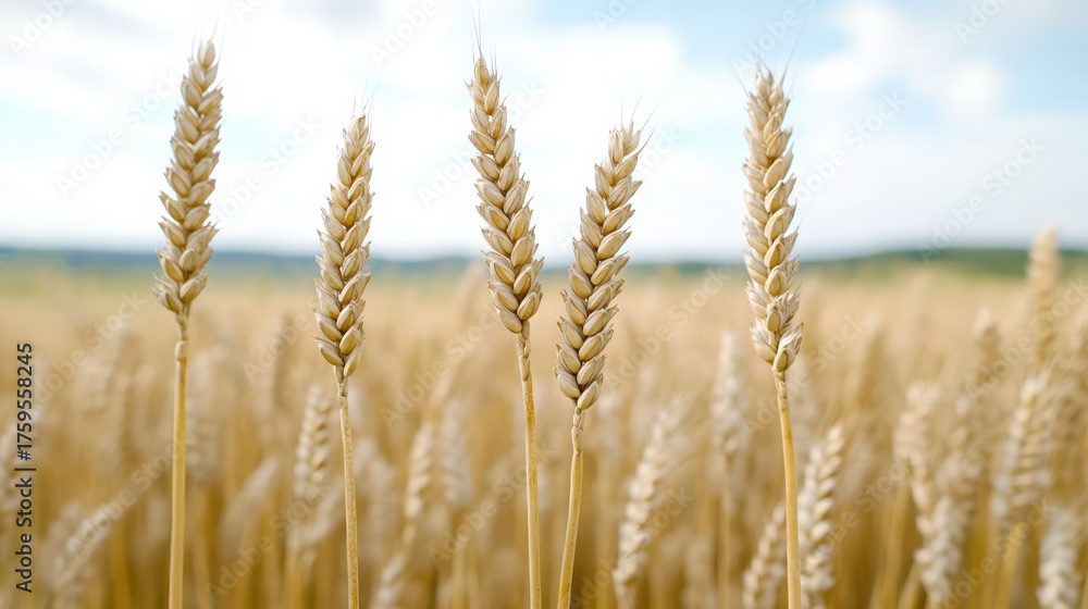 Fototapeta premium Golden wheat stalks sway gently breeze bright sky, symbolizing abundance and nature beauty