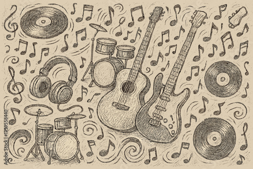 Quirky doodle guitars music records vector notes including elements illustration headphones