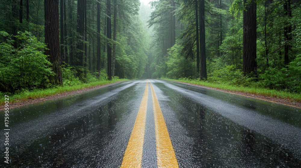 Fototapeta premium Serene forest road with rain and fog, surrounded by lush greenery and tall trees