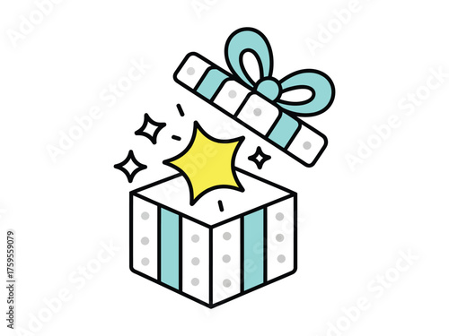 A colorful cartoon gift box with an open lid and a bright star bursting out